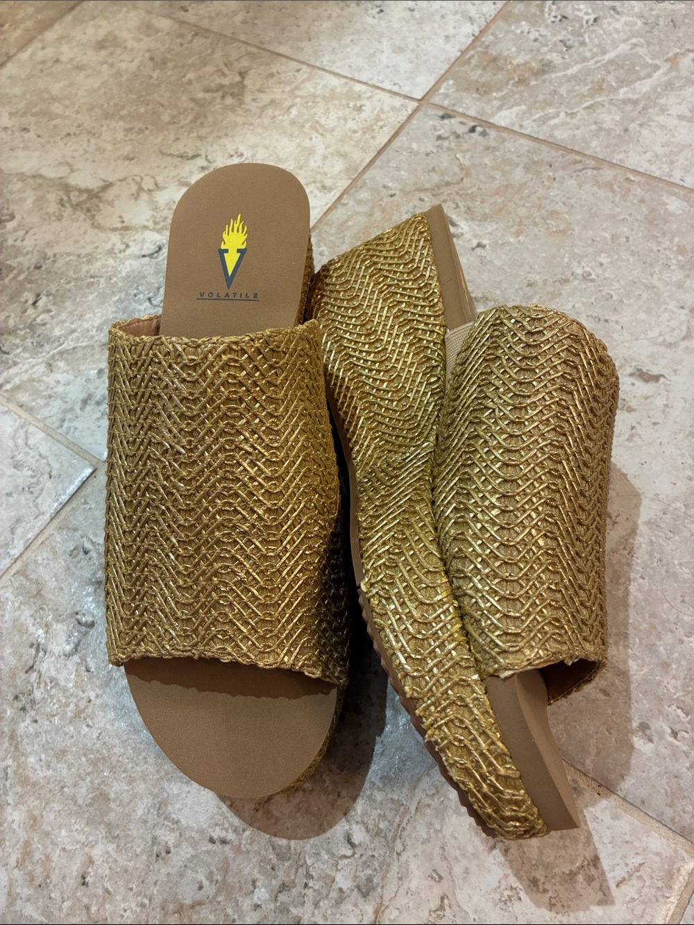 Volatile Metallic Gold Woven Slide Wedge Heel  SZ 9M